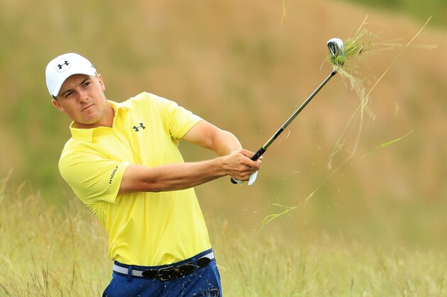 HARTFORD, WI - JUNE 17:  Jordan Spieth of the United States plays his second shot on the third hole during the third round of the 2017 U.S. Open at Erin Hills on June 17, 2017 in Hartford, Wisconsin.  (Photo by Andrew Redington/Getty Images)