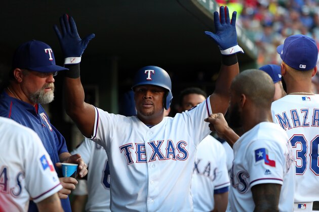 ARLINGTON, TX - JUNE 16:  Adrian Beltre #29 of the Texas Rangers celebrates after scoring on a two RBI single hit by Jonathan Lucroy #25 of the Texas Rangers in the bottom of the third inning against the Seattle Mariners at Globe Life Park in Arlington on June 16, 2017 in Arlington, Texas.  (Photo by Tom Pennington/Getty Images)