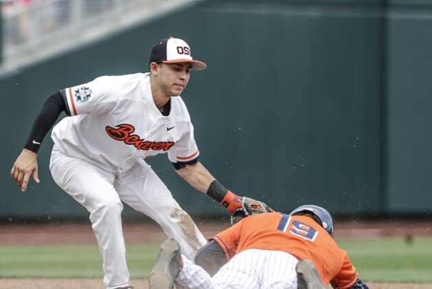 Oregon State second baseman Nick Madrigal, left, tags out Cal State Fullerton's Dillon Persinger (19) who was caught stealing second base in the third inning of an NCAA mens College World Series baseball game in Omaha, Neb., Saturday, June 17, 2017. (AP Photo/Nati Harnik) Oregon State second baseman Nick Madrigal, left, tags out Cal State Fullerton's Dillon Persinger (19) who was caught stealing second base in the third inning of an NCAA mens College World Series baseball game in Omaha, Neb., Saturday, June 17, 2017. (AP Photo/Nati Harnik)