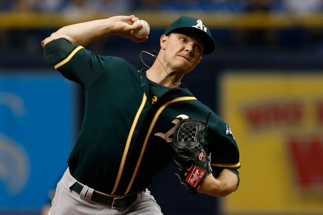ST. PETERSBURG, FL - JUNE 10:  Sonny Gray #54 of the Oakland Athletics pitches during the first inning of game one of a double header against the Tampa Bay Rays on June 10, 2017 at Tropicana Field in St. Petersburg, Florida. (Photo by Brian Blanco/Getty Images)