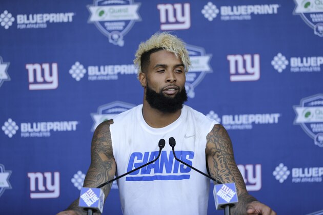 New York Giants' Odell Beckham, Jr. talks to reporters after a NFL football practice in East Rutherford, N.J., Tuesday, June 13, 2017. (AP Photo/Seth Wenig)