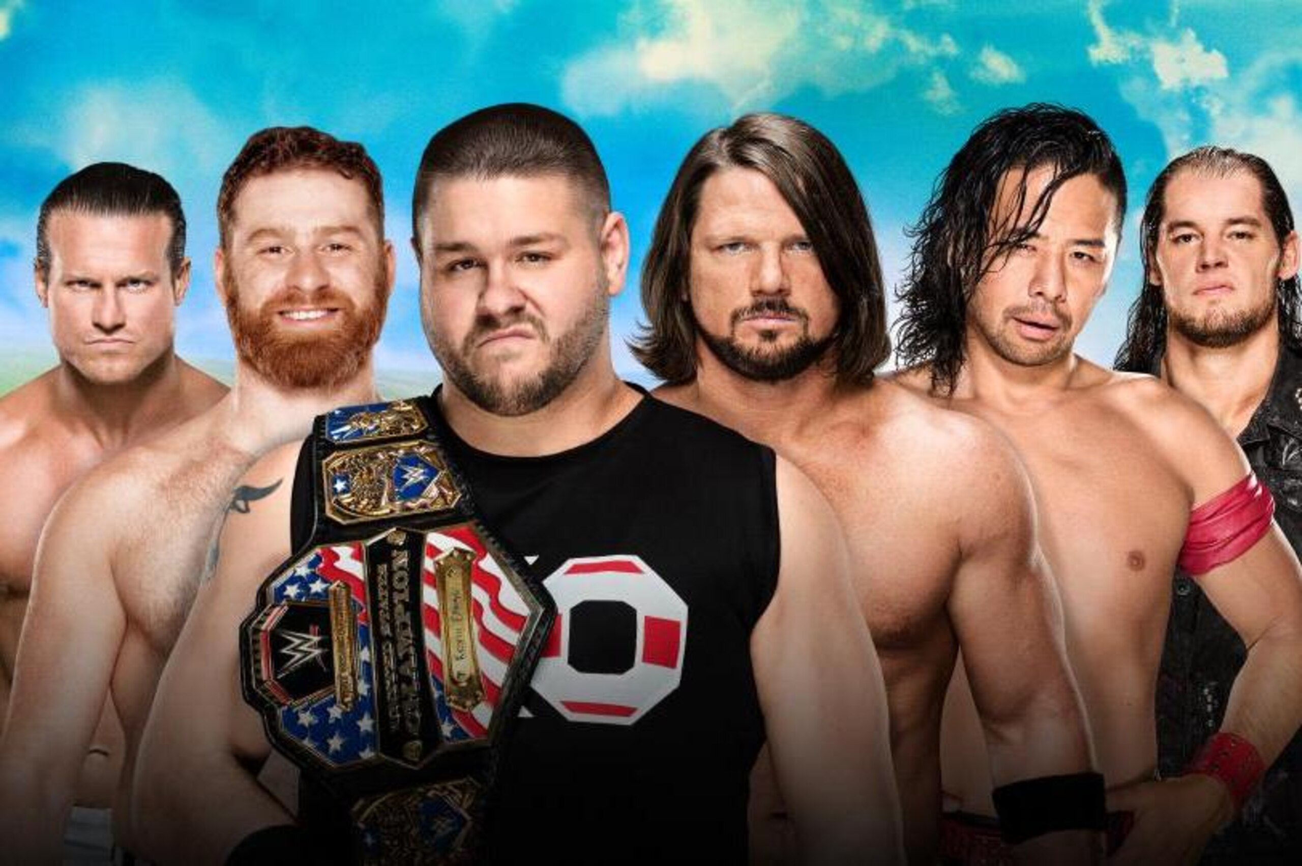 The six competitors competing in one of the Money in the Bank matches.