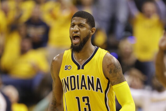 Indiana Pacers' Paul George reacts during the first half in Game 3 of a first-round NBA basketball playoff series against the Cleveland Cavaliers,Thursday, April 20, 2017, in Indianapolis. (AP Photo/Michael Conroy)