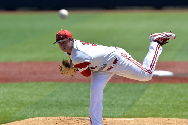 FILE - In this June 11, 2016, file photo, Louisville pitcher Brendan McKay throws against UC Santa Barbara during an NCAA college baseball tournament super regional game in Louisville Ky. Pitchers Brendan McKay of Louisville, Sean Hjelle of Kentucky could send their schools to the CWS.  (AP Photo/Timothy D. Easley, File)
