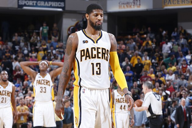INDIANAPOLIS, IN - APRIL 23: Paul George #13 of the Indiana Pacers reacts against the Cleveland Cavaliers in Game Four of the Eastern Conference Quarterfinals during the 2017 NBA Playoffs at Bankers Life Fieldhouse on April 23, 2017 in Indianapolis, Indiana. The Cavaliers defeated the Pacers 106-102 to sweep the series 4-0. NOTE TO USER: User expressly acknowledges and agrees that, by downloading and or using the photograph, User is consenting to the terms and conditions of the Getty Images License Agreement. (Photo by Joe Robbins/Getty Images)