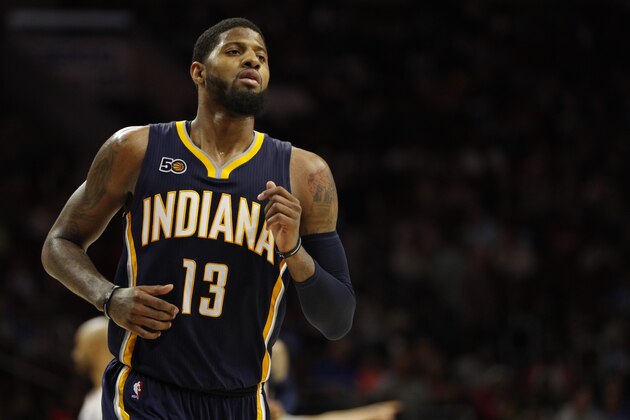 Indiana Pacers' Paul George in action during the second half of an NBA basketball game against the Philadelphia 76ers, Monday, April 10, 2017, in Philadelphia. The Pacers won 120-111. (AP Photo/Chris Szagola)