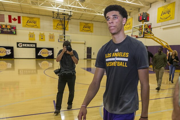 University of California Los Angeles guard Lonzo Ball is seen after a closed Los Angeles Lakes pre-draft workout in El Segundo, Calif., Wednesday, Jun. 7, 2017. (AP Photo/Damian Dovarganes)