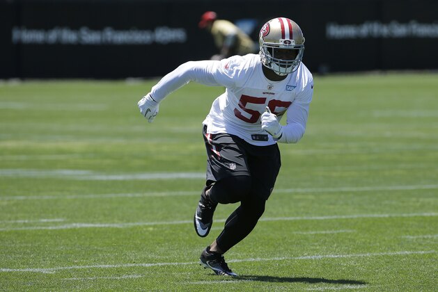 San Francisco 49ers' Reuben Foster runs during the team's organized team activity at its NFL football training facility in Santa Clara, Calif., Wednesday, May 31, 2017. (AP Photo/Jeff Chiu)