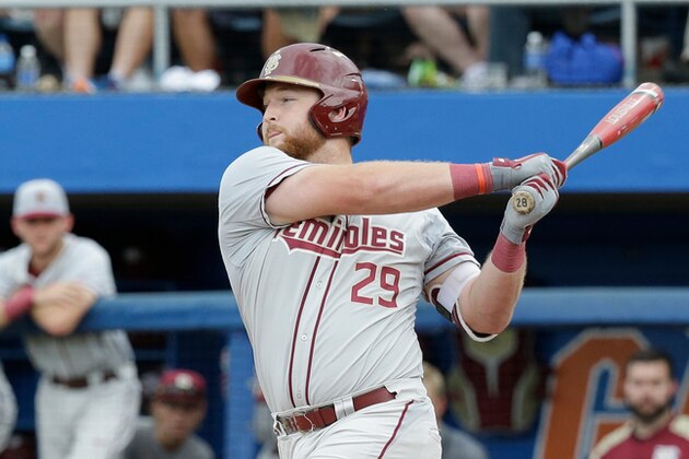 Florida State's Quincy Nieporte bats against Florida in the second inning of an NCAA college baseball tournament super regional game, Saturday, June 11, 2016, in Gainesville, Fla. (AP Photo/John Raoux)