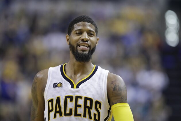 Indiana Pacers' Paul George in action during the second half of an NBA basketball game against the Atlanta Hawks, Wednesday, April 12, 2017, in Indianapolis. Indiana defeated Atlanta 104-86. (AP Photo/Darron Cummings) Indiana Pacers' Paul George in action during the second half of an NBA basketball game against the Atlanta Hawks, Wednesday, April 12, 2017, in Indianapolis. Indiana defeated Atlanta 104-86. (AP Photo/Darron Cummings)