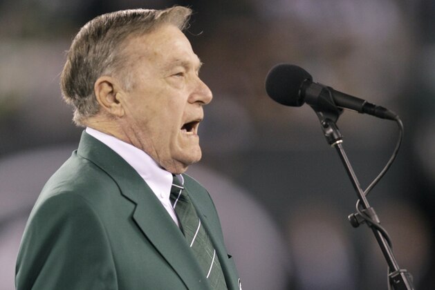 Former New York Jets' player Larry Grantham talks during halftime of an NFL football game Monday, Oct. 17, 2011  in East Rutherford, N.J. (AP Photo/Julio Cortez)