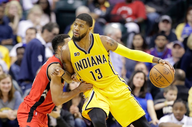 INDIANAPOLIS, IN - APRIL 04:  Paul George #13 of the  Indiana Pacers dribbles the ball against the Toronto Raptors at Bankers Life Fieldhouse on April 4, 2017 in Indianapolis, Indiana.   NOTE TO USER: User expressly acknowledges and agrees that, by downloading and or using this photograph, User is consenting to the terms and conditions of the Getty Images License Agreement  (Photo by Andy Lyons/Getty Images)