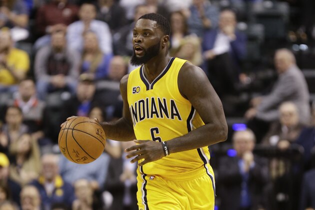 Indiana Pacers guard Lance Stephenson (6) plays against the Toronto Raptors during the second half of an NBA basketball game in Indianapolis, Tuesday, April 4, 2017. The Pacers defeated the Raptors 108-90. (AP Photo/Michael Conroy)