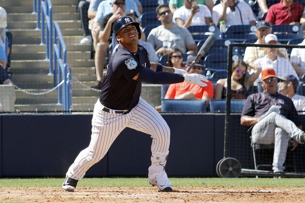 TAMPA, FL - MARCH 11:  Gleyber Torres #81 of the New York Yankees hits a solo home run in the sixth inning against the Detroit Tigers during a spring training game at George M. Steinbrenner Field on March 11, 2017 in Tampa, Florida. (Photo by Justin K. Aller/Getty Images)