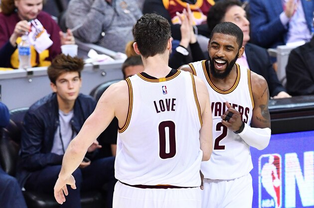 CLEVELAND, OH - MAY 21:  Kevin Love #0 celebrates with Kyrie Irving #2 of the Cleveland Cavaliers in the second quarter against the Boston Celtics during Game Three of the 2017 NBA Eastern Conference Finals at Quicken Loans Arena on May 21, 2017 in Cleveland, Ohio. NOTE TO USER: User expressly acknowledges and agrees that, by downloading and or using this photograph, User is consenting to the terms and conditions of the Getty Images License Agreement.  (Photo by Jason Miller/Getty Images)