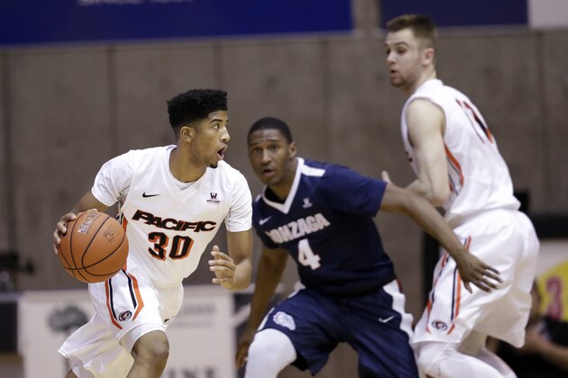 Pacific guard K.J. Smith (30) during the first half of an NCAA college basketball game against Gonzaga Saturday, Dec. 31, 2016, in Stockton, Calif. (AP Photo/Marcio Jose Sanchez)