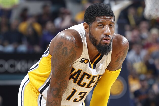 INDIANAPOLIS, IN - APRIL 23: Paul George #13 of the Indiana Pacers looks on against the Cleveland Cavaliers in Game Four of the Eastern Conference Quarterfinals during the 2017 NBA Playoffs at Bankers Life Fieldhouse on April 23, 2017 in Indianapolis, Indiana. The Cavaliers defeated the Pacers 106-102 to sweep the series 4-0. NOTE TO USER: User expressly acknowledges and agrees that, by downloading and or using the photograph, User is consenting to the terms and conditions of the Getty Images License Agreement. (Photo by Joe Robbins/Getty Images)