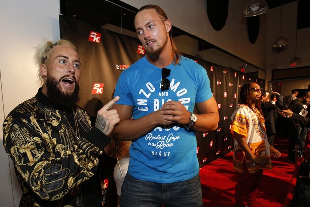 IMAGE DISTRIBUTED FOR 2K - WWE Superstars Enzo and Cass, right, are seen at the WWE 2K17 SummerSlam Kickoff Event in New York, on Friday, Aug. 19, 2016. (Adam Hunger/AP Images for 2K)