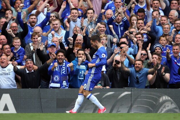 LONDON, ENGLAND - MAY 21: Eden Hazard of Chelsea celebrates after scoring in front of the fans during the Premier League match between Chelsea and Sunderland at Stamford Bridge on May 21, 2017 in London, England. (Photo by Catherine Ivill - AMA/Getty Images)