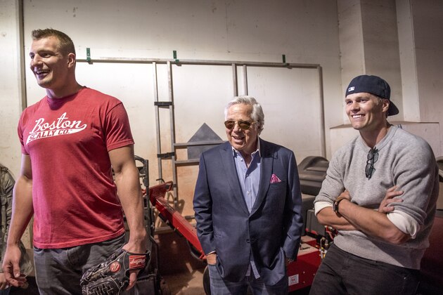 BOSTON, MA - APRIL 3: Rob Gronkowski #87, owner Robert Kraft, and Tom Brady #12 of the New England Patriots react below the stadium before a pre-game ceremony before the Boston Red Sox home opener against the Pittsburgh Pirates on April 3, 2017 at Fenway Park in Boston, Massachusetts. (Photo by Billie Weiss/Boston Red Sox/Getty Images)