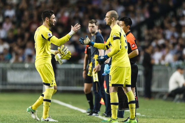 SO KON PO, HONG KONG - MAY 26: Tottenham Hotspur Goalkeeper Hugo Lloris (L) and Tottenham Hotspur Goalkeeper Pau Lopez (R) during the Friendly match between Kitchee SC and Tottenham Hotspur FC at Hong Kong Stadium on May 26, 2017 in So Kon Po, Hong Kong. (Photo by Power Sport Images/Getty Images)