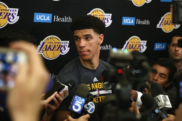 EL SEGUNDO, CA - JUNE 07:  NBA Prospect Lonzo Ball speaks with the media after a workout with the Los Angeles Lakers at Toyota Sports Center on June 7, 2017 in El Segundo, California.  NOTE TO USER: User expressly acknowledges and agrees that, by downloading and or using this photograph, User is consenting to the terms and conditions of the Getty Images License Agreement.  (Photo by Sean M. Haffey/Getty Images)