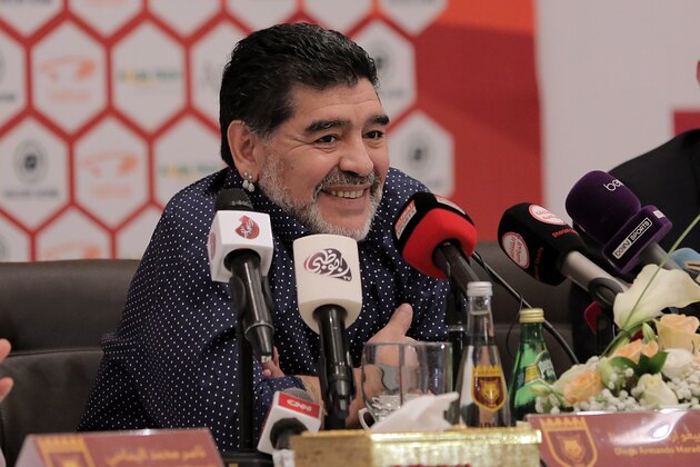 Former Argentinian footballer and manager Diego Armando Maradona holds a press conference where he was announced as the upcoming manager for second-division Emirati football club Fujairah FC, in the Gulf emirate of Fujairah on May 14, 2017. / AFP PHOTO / STRINGER        (Photo credit should read STRINGER/AFP/Getty Images)