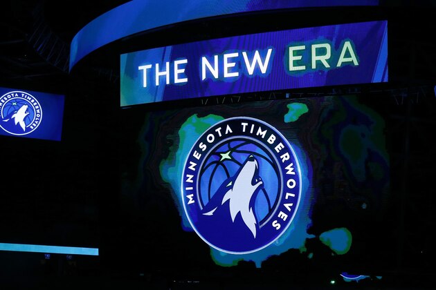 A new Minnesota Timberwolves logo is unveiled on the scoreboard during halftime of the team's NBA basketball game against the Oklahoma City Thunder on Tuesday, April 11, 2017, in Minneapolis. (AP Photo/Jim Mone)