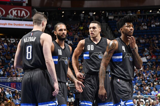 ORLANDO, FL - MARCH 24: The Orlando Magic huddle during the game against the Indiana Pacers on March 24, 2017 at Amway Center in Orlando, Florida. NOTE TO USER: User expressly acknowledges and agrees that, by downloading and or using this photograph, User is consenting to the terms and conditions of the Getty Images License Agreement. Mandatory Copyright Notice: Copyright 2017 NBAE (Photo by Fernando Medina/NBAE via Getty Images)