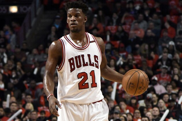 Chicago Bulls forward Jimmy Butler (21) plays against the Brooklyn Nets during the first half of an NBA basketball game in Chicago, Wednesday, April 12, 2017. (AP Photo/David Banks)