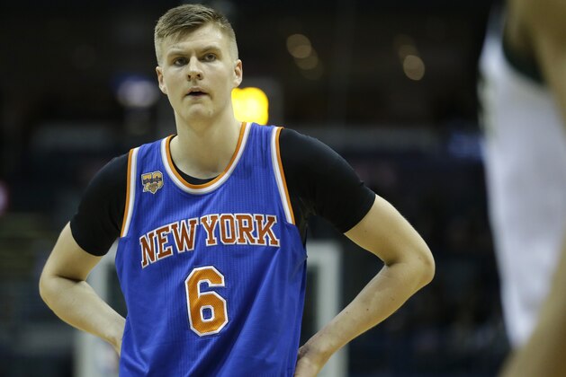 New York Knicks' Kristaps Porzingis during the first half of an NBA basketball game against the Milwaukee Bucks Wednesday, March 8, 2017, in Milwaukee. (AP Photo/Aaron Gash)