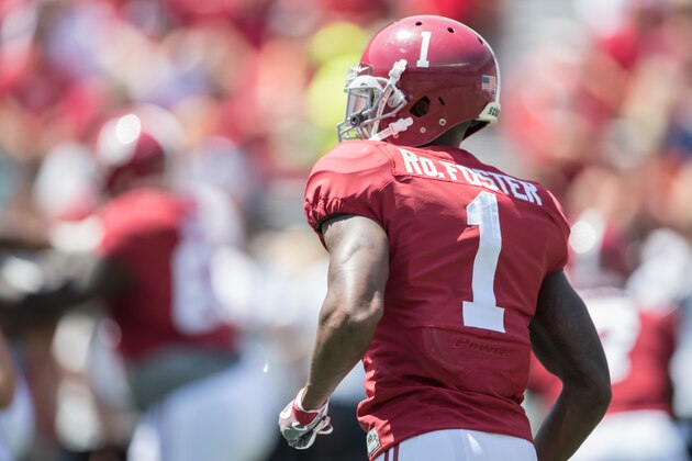 TUSCALOOSA, AL - APRIL 22: Wide receiver Robert Foster #1 of the Alabama Crimson Tide at Bryant-Denny Stadium on April 22, 2017 in Tuscaloosa, Alabama. (Photo by Michael Chang/Getty Images)