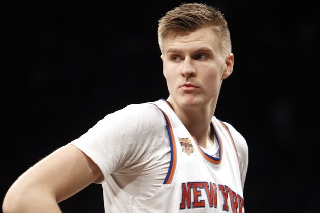 Mar 12, 2017; Brooklyn, NY, USA;  New York Knicks forward Kristaps Porzingis (6) in the fourth quarter at Brooklyn Nets at Barclays Center.  Nets win 120-112.  Mandatory Credit: Nicole Sweet-USA TODAY Sports