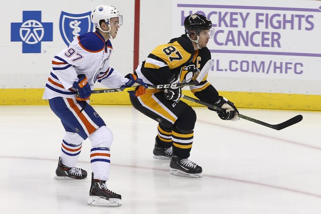 Edmonton Oilers' Connor McDavid (97) and Pittsburgh Penguins' Sidney Crosby (87) skate during the first shift of the first period of an NHL hockey game in Pittsburgh, Tuesday, Nov. 8, 2016. (AP Photo/Gene J. Puskar)