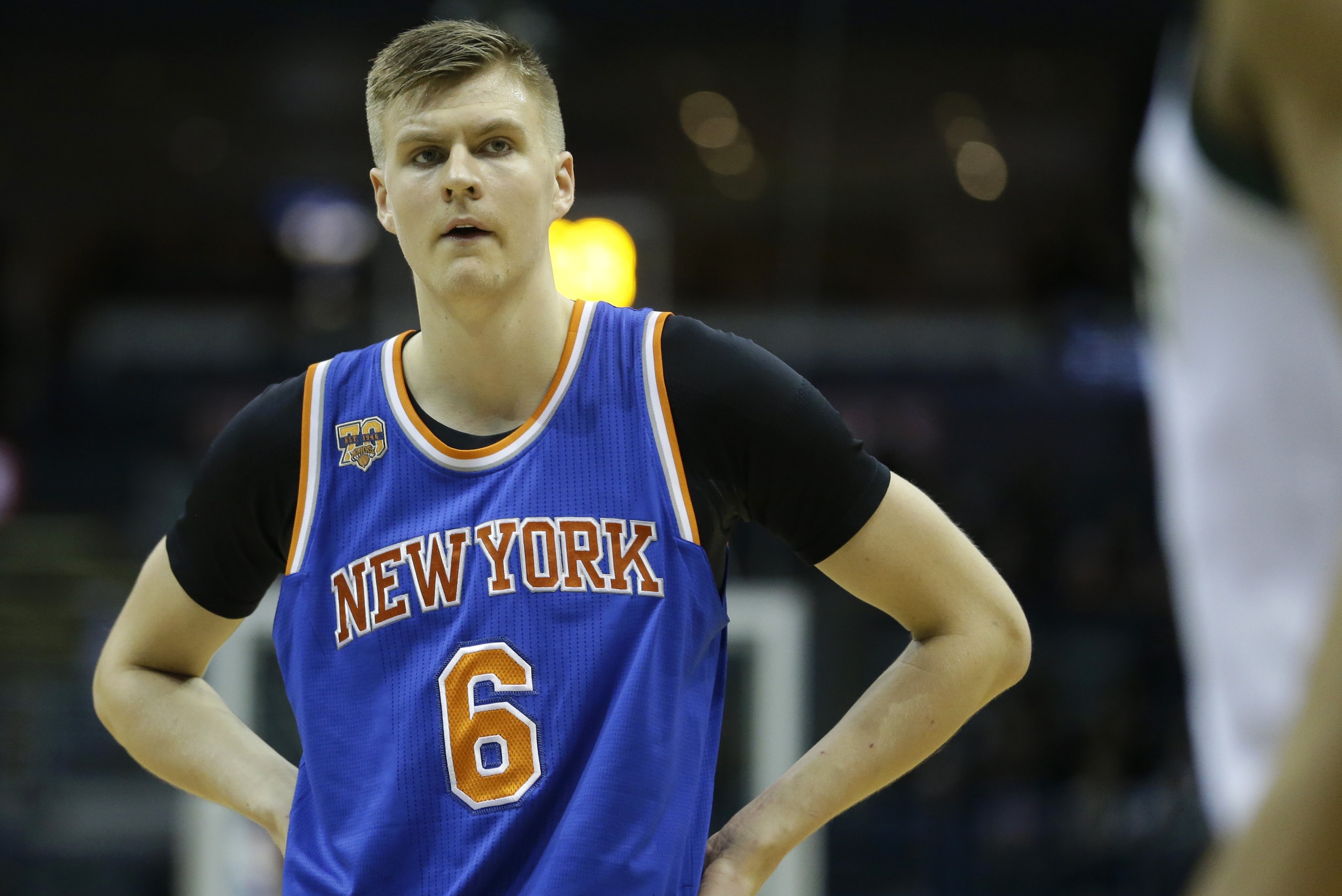 New York Knicks' Kristaps Porzingis during the first half of an NBA basketball game against the Milwaukee Bucks Wednesday, March 8, 2017, in Milwaukee. (AP Photo/Aaron Gash) New York Knicks' Kristaps Porzingis during the first half of an NBA basketball game against the Milwaukee Bucks Wednesday, March 8, 2017, in Milwaukee. (AP Photo/Aaron Gash)