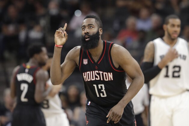 Houston Rockets guard James Harden (13) during the second half of Game 5 in a second-round NBA basketball playoff series against the San Antonio Spurs, Tuesday, May 9, 2017, in San Antonio. (AP Photo/Eric Gay)