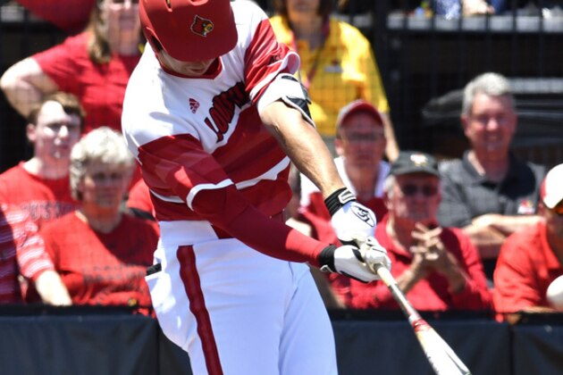 Louisville's third baseman Drew Ellis (10) connects for a three run home run during the fifth inning of their NCAA college baseball super regional game, Friday, Jun. 9, 2017, at Jim Patterson Stadium in Louisville, Ky. (AP Photo/Timothy D. Easley)