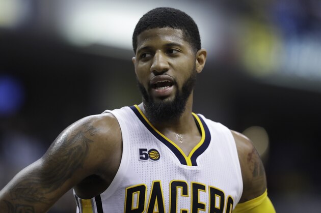 Indiana Pacers' Paul George in action during the second half of an NBA basketball game against the Atlanta Hawks, Wednesday, April 12, 2017, in Indianapolis. Indiana defeated Atlanta 104-86. (AP Photo/Darron Cummings)