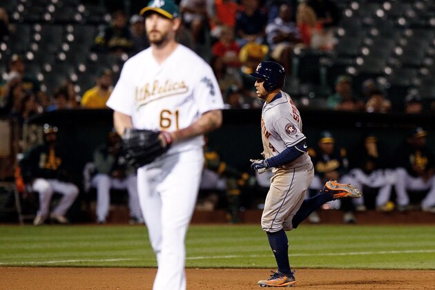 OAKLAND, CA - JUNE 19:  George Springer #4 of the Houston Astros rounds the bases after hitting a home run off of John Axford #61 of the Oakland Athletics during the eighth inning at the Oakland Coliseum on June 19, 2017 in Oakland, California. The Houston Astros defeated the Oakland Athletics 4-1. (Photo by Jason O. Watson/Getty Images)