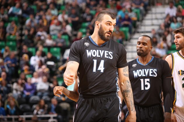 SALT LAKE CITY, UT - JANUARY 29:  Nikola Pekovic #14 of the Minnesota Timberwolves  is seen during the game against the Utah Jazz on January 29, 2016 at vivint.SmartHome Arena in Salt Lake City, Utah. NOTE TO USER: User expressly acknowledges and agrees that, by downloading and or using this Photograph, User is consenting to the terms and conditions of the Getty Images License Agreement. Mandatory Copyright Notice: Copyright 2016 NBAE (Photo by Melissa Majchrzak/NBAE via Getty Images)