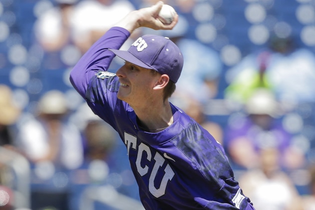 TCU pitcher Brian Howard throws in the fourth inning of an NCAA College World Series baseball elimination game against Texas A&M in Omaha, Neb., Tuesday, June 20, 2017. (AP Photo/Nati Harnik)