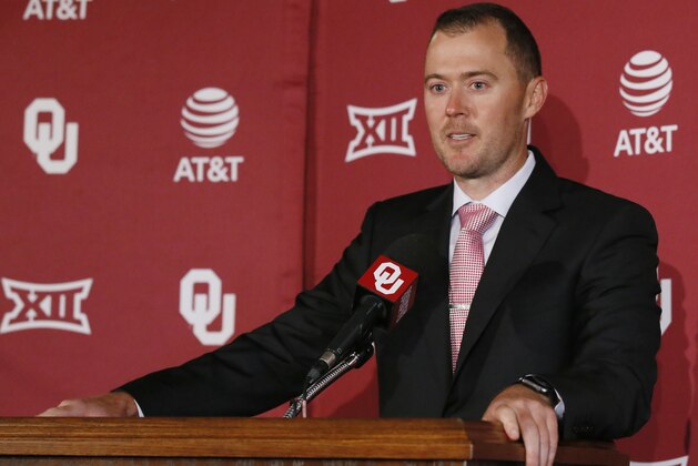 Lincoln Riley speaks at a news conference after being named football coach at Oklahoma in Norman, Okla., Wednesday, June 7, 2017. (AP Photo/Sue Ogrocki)