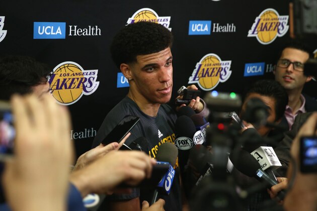 EL SEGUNDO, CA - JUNE 07:  NBA Prospect Lonzo Ball speaks with the media after a workout with the Los Angeles Lakers at Toyota Sports Center on June 7, 2017 in El Segundo, California.  NOTE TO USER: User expressly acknowledges and agrees that, by downloading and or using this photograph, User is consenting to the terms and conditions of the Getty Images License Agreement.  (Photo by Sean M. Haffey/Getty Images)