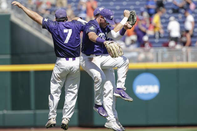 TCU outfielders Josh Watson (7), Austen Wade, and Nolan Brown, right rear, celebrate following an NCAA College World Series baseball elimination game against Texas A&M in Omaha, Neb., Tuesday, June 20, 2017. TCU won 4-1, eliminating Texas A&M from the tournament. (AP Photo/Nati Harnik)