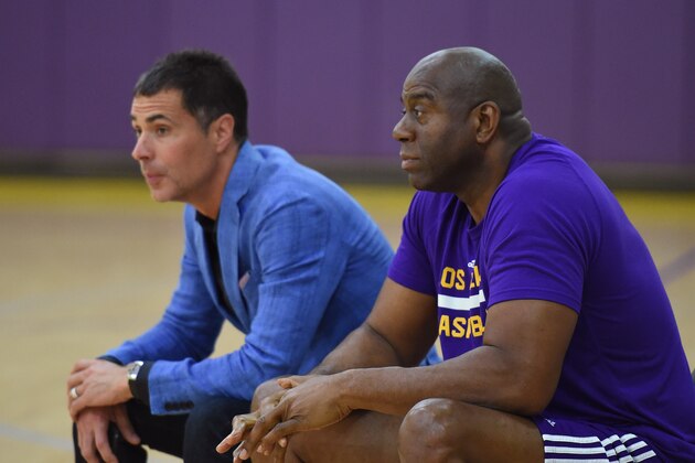 EL SEGUNDO, CA - JUNE 15:  Magic Johnson, president of basketball operations for the Los Angeles Lakers, and Rob Pelinka, General Manager of the Los Angeles Lakers, look on during the Markelle Fultz workout at Toyota Sports Center on June 15, 2017 in El Segundo, California. NOTE TO USER: User expressly acknowledges and agrees that, by downloading and/or using this Photograph, user is consenting to the terms and conditions of the Getty Images License Agreement. Mandatory Copyright Notice: Copyright 2017 NBAE (Photo by Andrew D. Bernstein/NBAE via Getty Images)