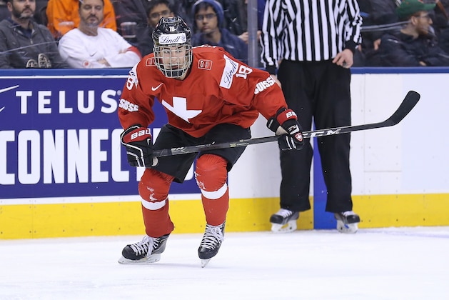 TORONTO, ON - JANUARY 2:  Nico Hischier #18 of Team Switzerland skates against Team USA during a QuarterFinal game at the 2017 IIHF World Junior Hockey Championships at Air Canada Centre on January 2, 2017 in Toronto, Ontario, Canada. Team USA defeated Team Switzerland 3-2. (Photo by Claus Andersen/Getty Images)
