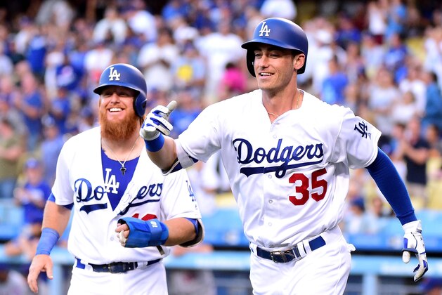 LOS ANGELES, CA - JUNE 20:  Cody Bellinger #35 of the Los Angeles Dodgers reacts to his two run homerun with Justin Turner #10 to take a 4-0 lead over the New York Mets during the first inning at Dodger Stadium on June 20, 2017 in Los Angeles, California.  (Photo by Harry How/Getty Images)
