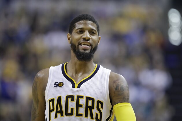Indiana Pacers' Paul George in action during the second half of an NBA basketball game against the Atlanta Hawks, Wednesday, April 12, 2017, in Indianapolis. Indiana defeated Atlanta 104-86. (AP Photo/Darron Cummings)