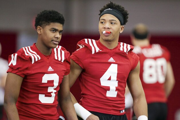 Nebraska wide receivers Keyshawn Johnson Jr. (3) and Jaevon McQuitty (4) arrive at the first day of spring NCAA college football practice in Lincoln, Neb., Saturday, March 4, 2017. (AP Photo/Nati Harnik)