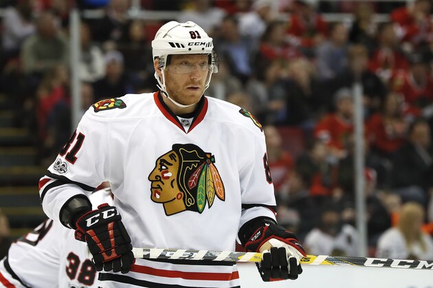 Chicago Blackhawks right wing Marian Hossa (81) plays against the Detroit Red Wings in the second period of an NHL hockey game Friday, March 10, 2017, in Detroit. (AP Photo/Paul Sancya)